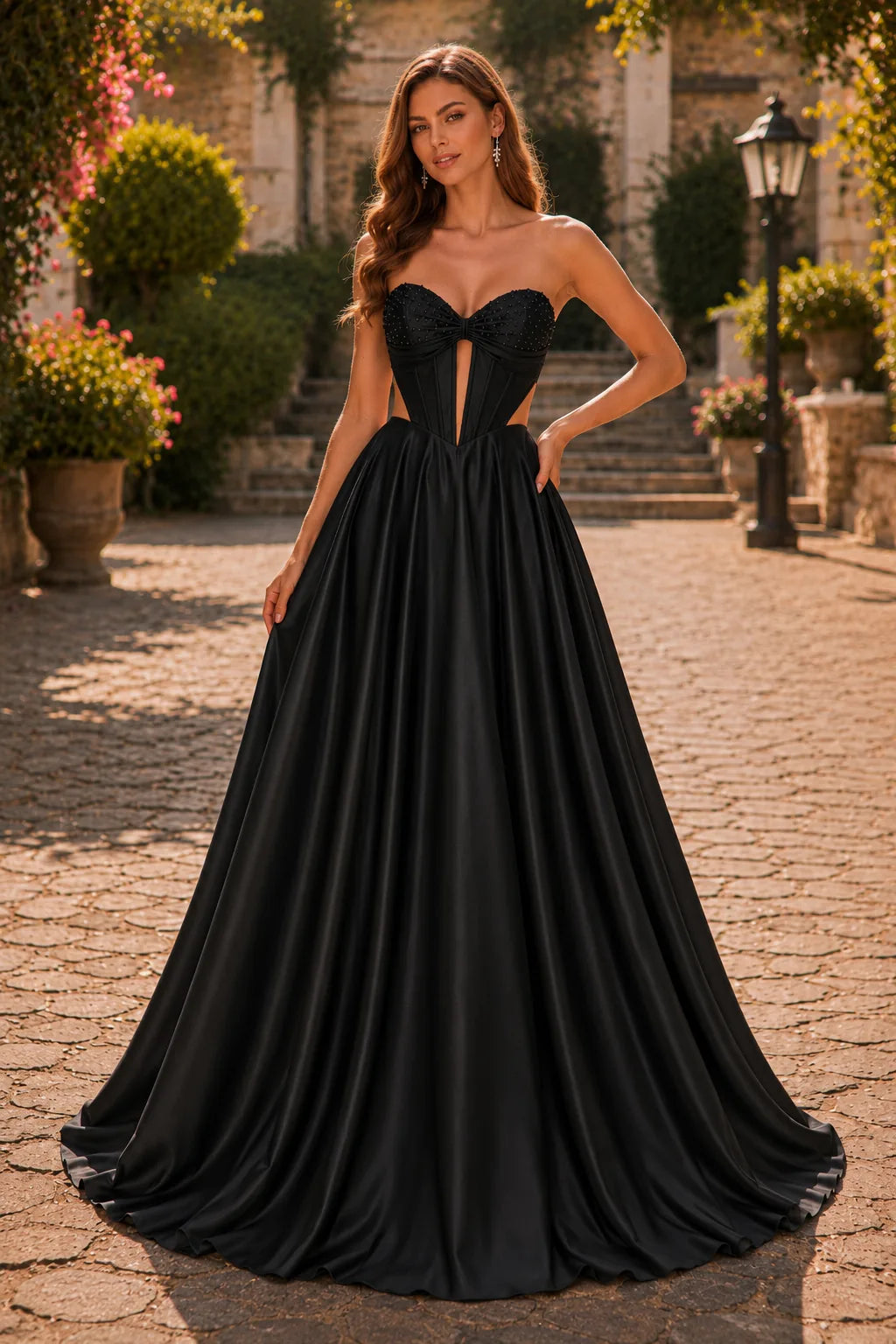 Classic Black strapless corset ball gown, front view