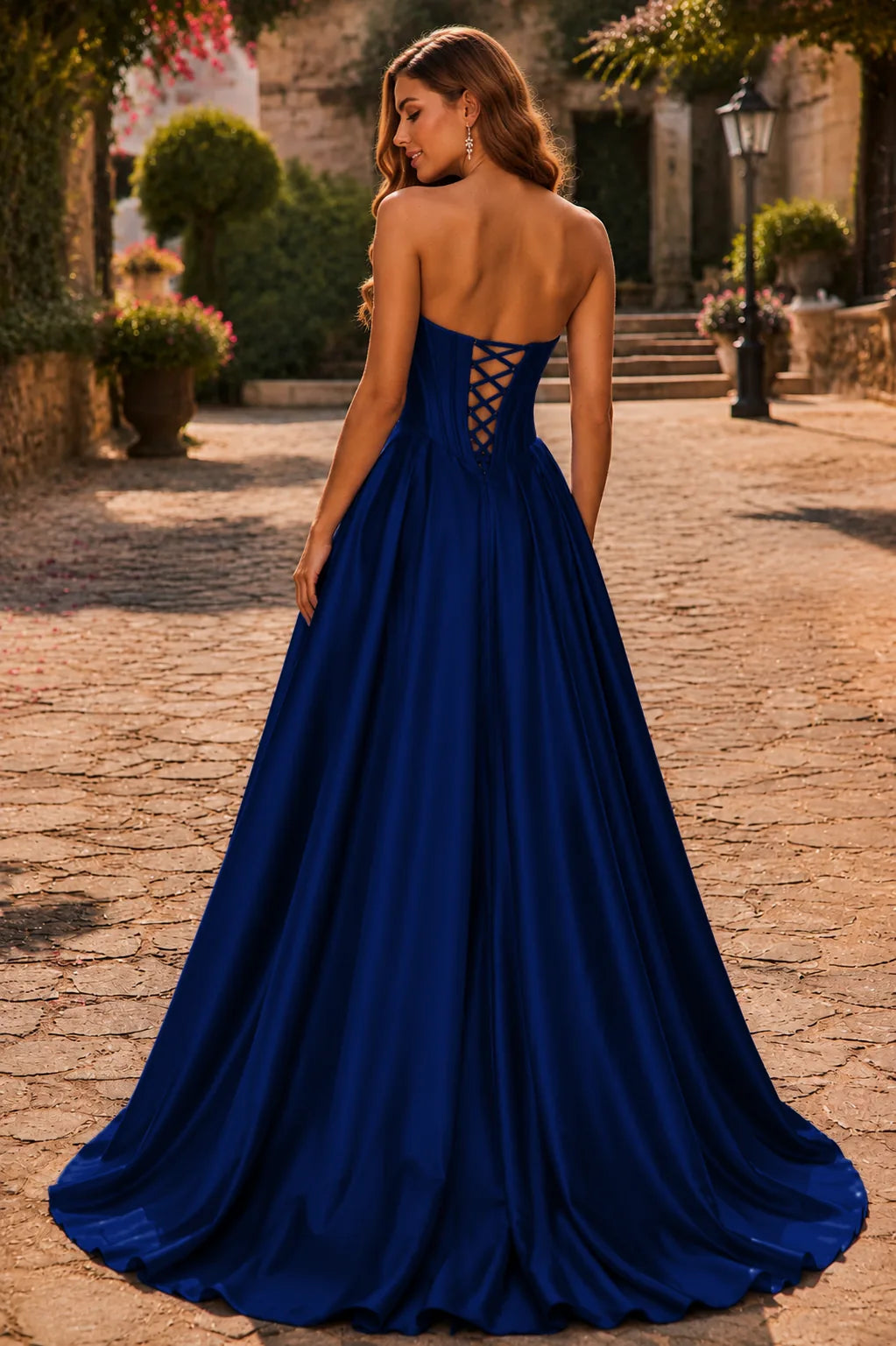 Deep Navy strapless corset ball gown, back view
