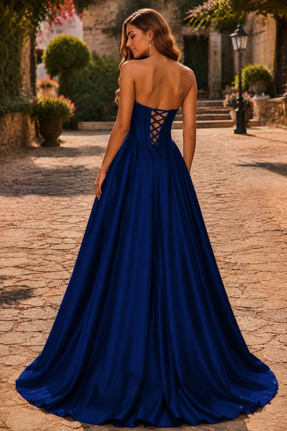 Deep Navy strapless corset ball gown, back view