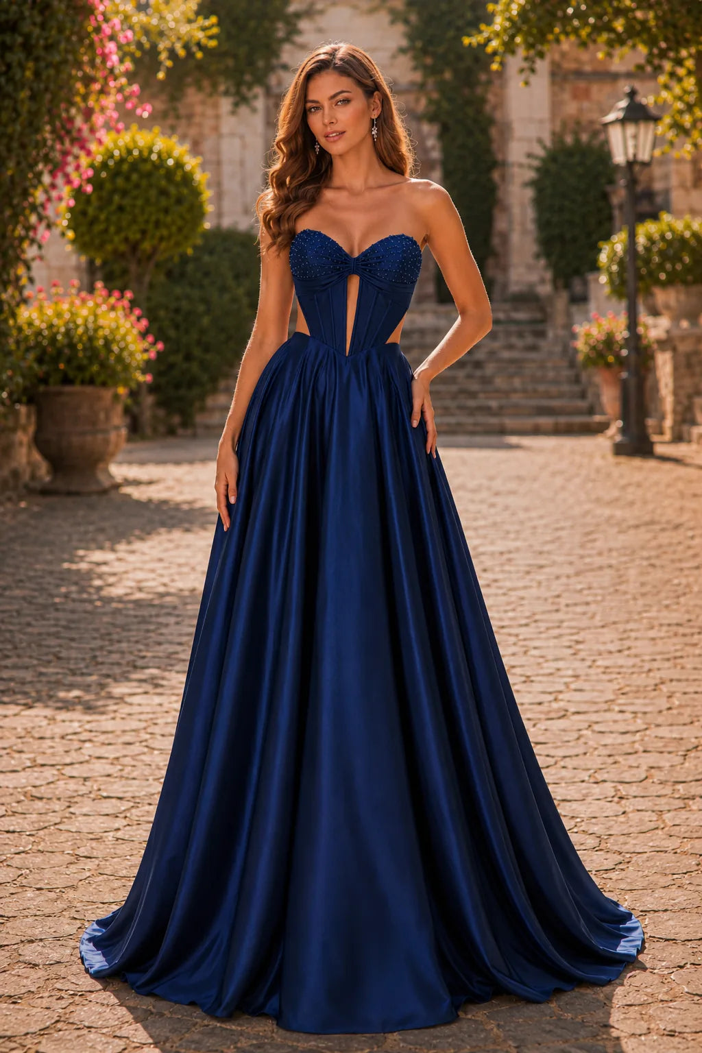Deep Navy strapless corset ball gown, front view