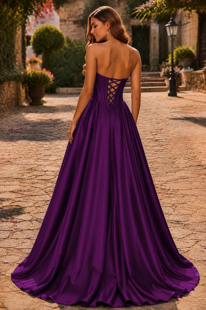 Deep Plum strapless corset ball gown, back view