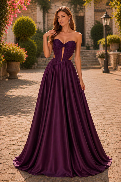 Deep Plum strapless corset ball gown, front view