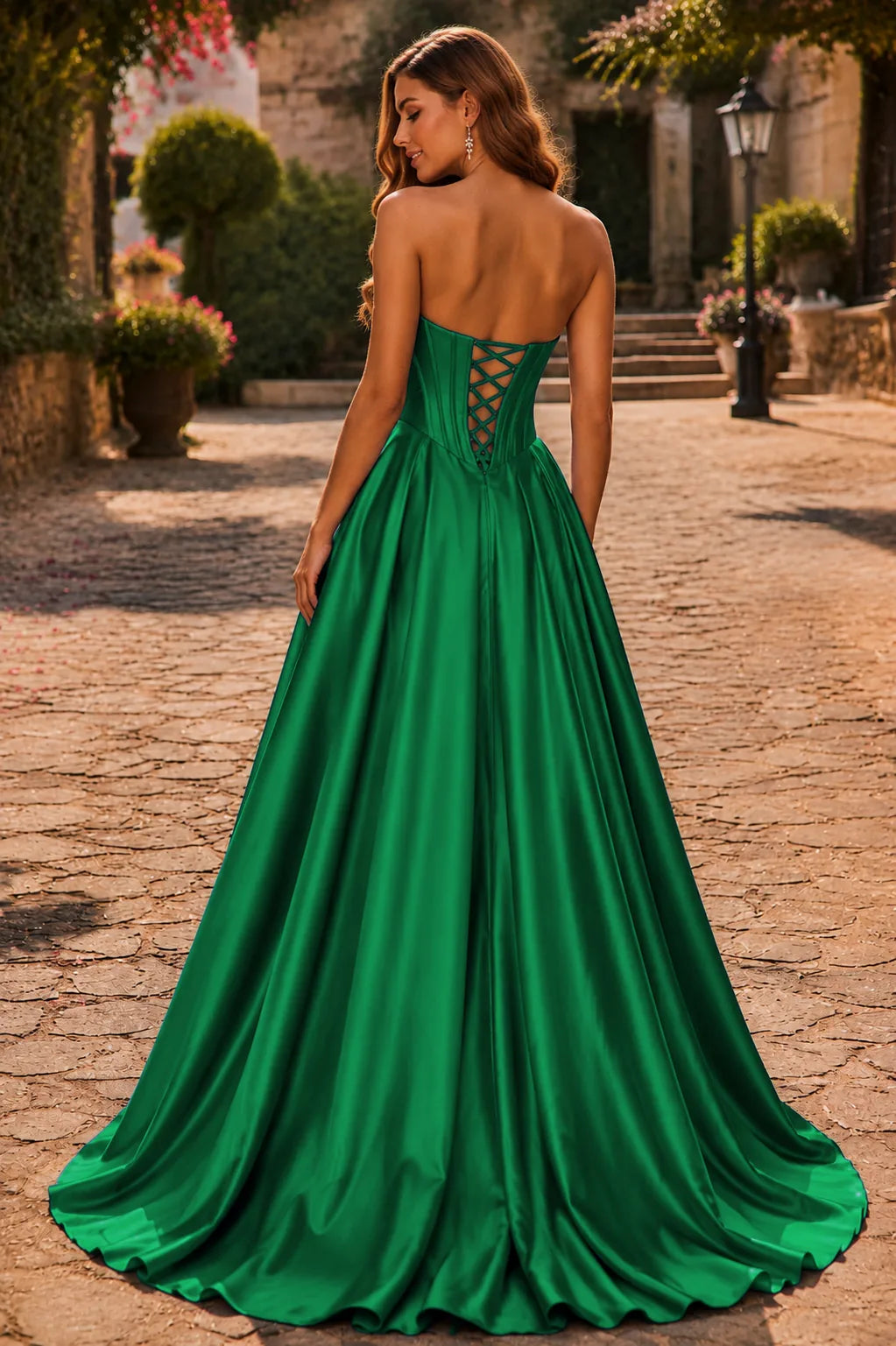 Emerald Green strapless corset ball gown, back view