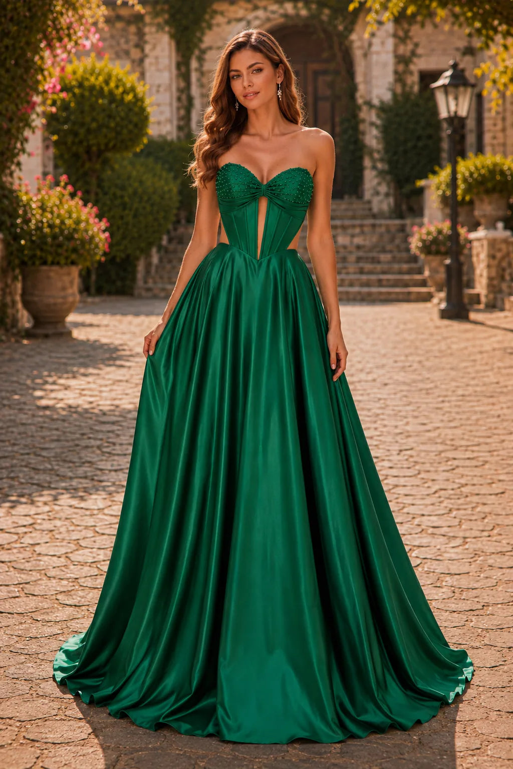 Emerald Green strapless corset ball gown, front view