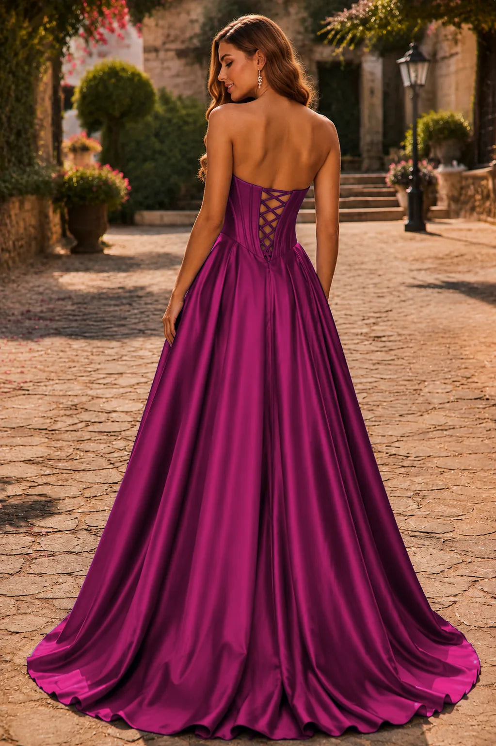 Hot Pink strapless corset ball gown, back view