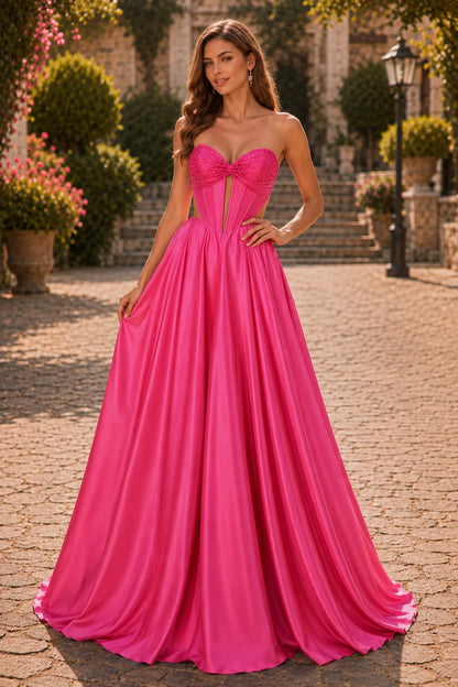 Hot Pink strapless corset ball gown, front view