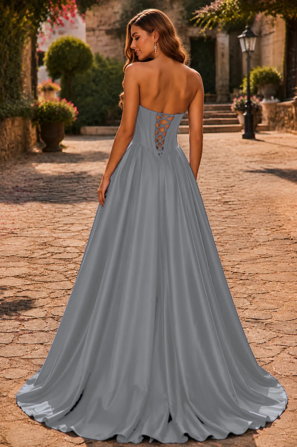 Metallic Silver strapless corset ball gown, back view