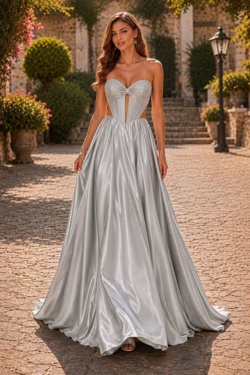 Metallic Silver strapless corset ball gown, front view