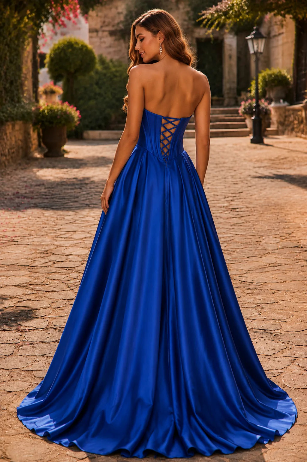 Royal Blue strapless corset ball gown, back view