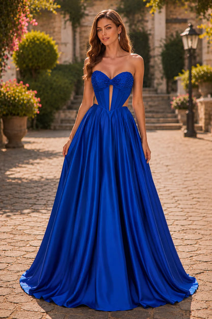 Royal Blue strapless corset ball gown, front view