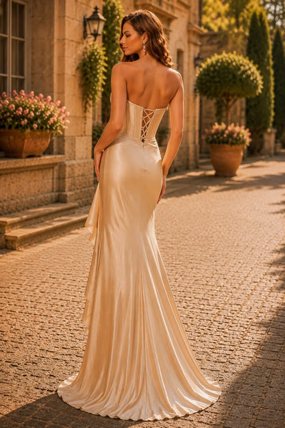 Champagne strapless fitted prom gown with a slit, back view