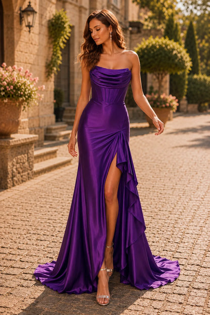 Deep Plum strapless fitted prom gown with a slit, front view