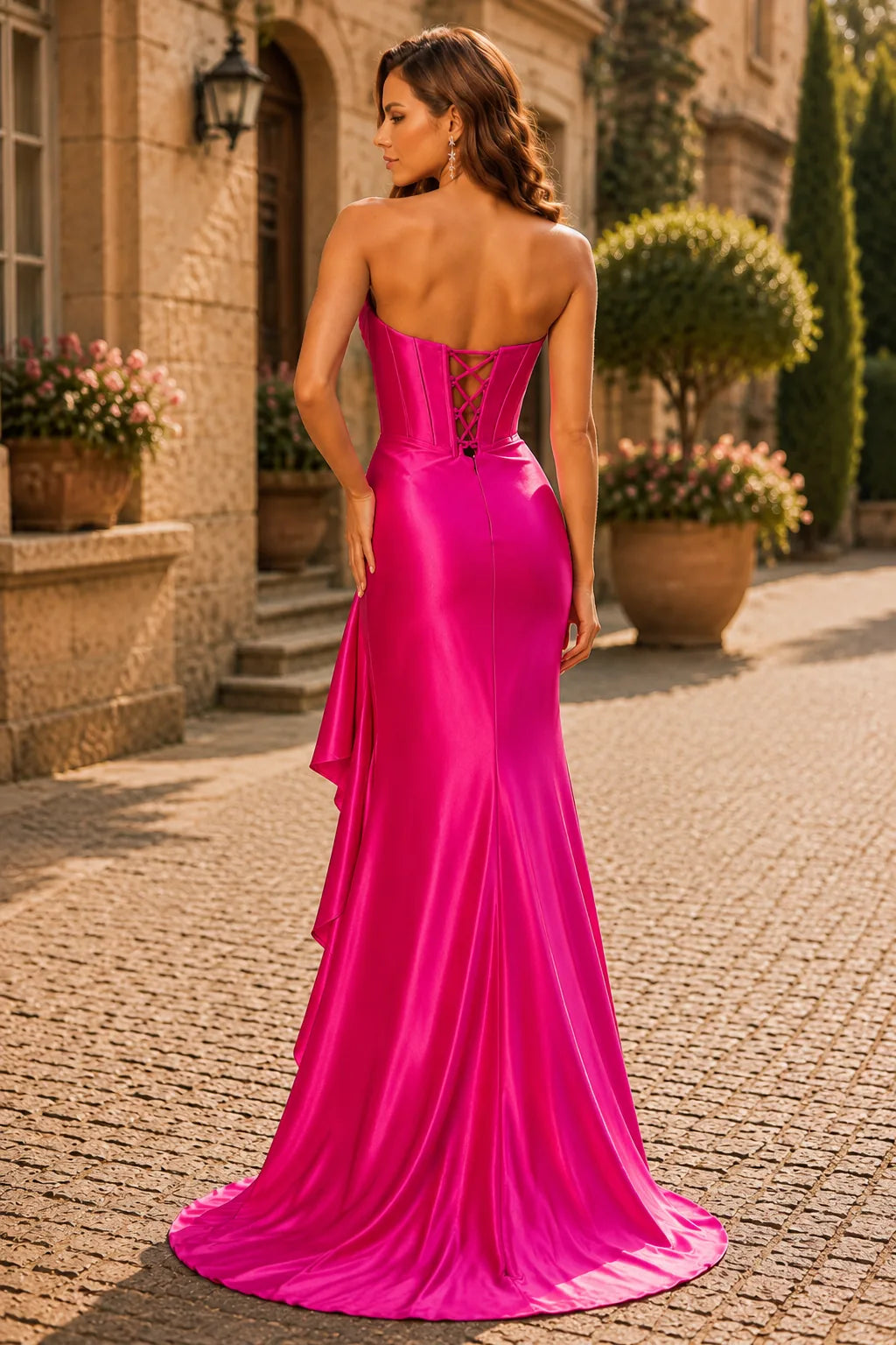 Hot Pink strapless fitted prom gown with a slit, back view