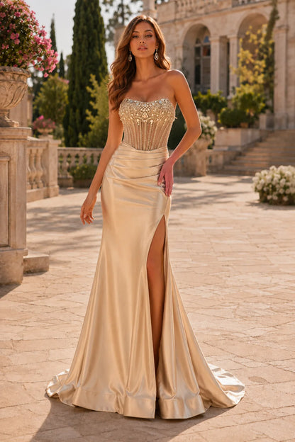 Champagne strapless embellished corset prom gown with a slit, front view