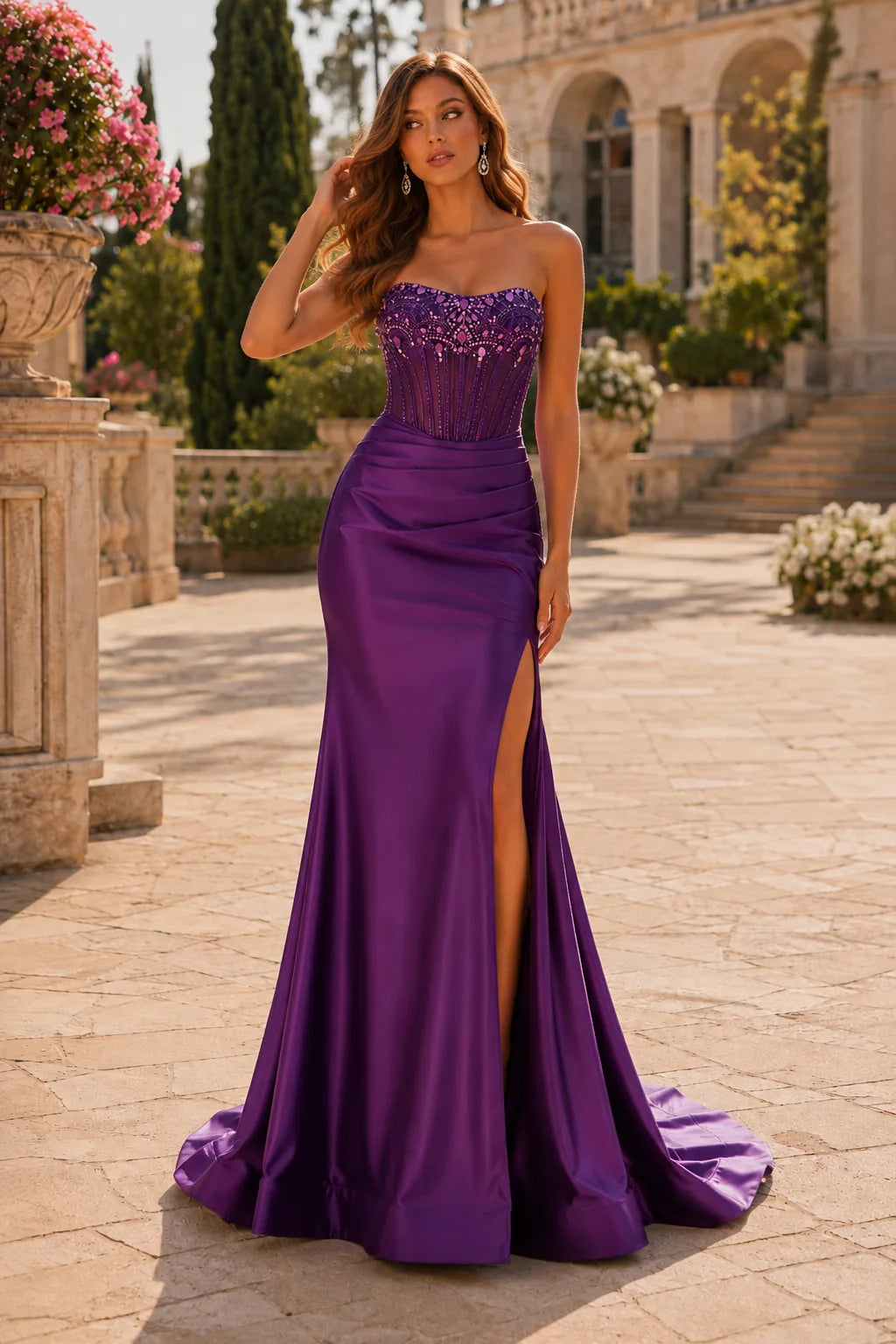 Deep Plum strapless embellished corset prom gown with a slit, front view