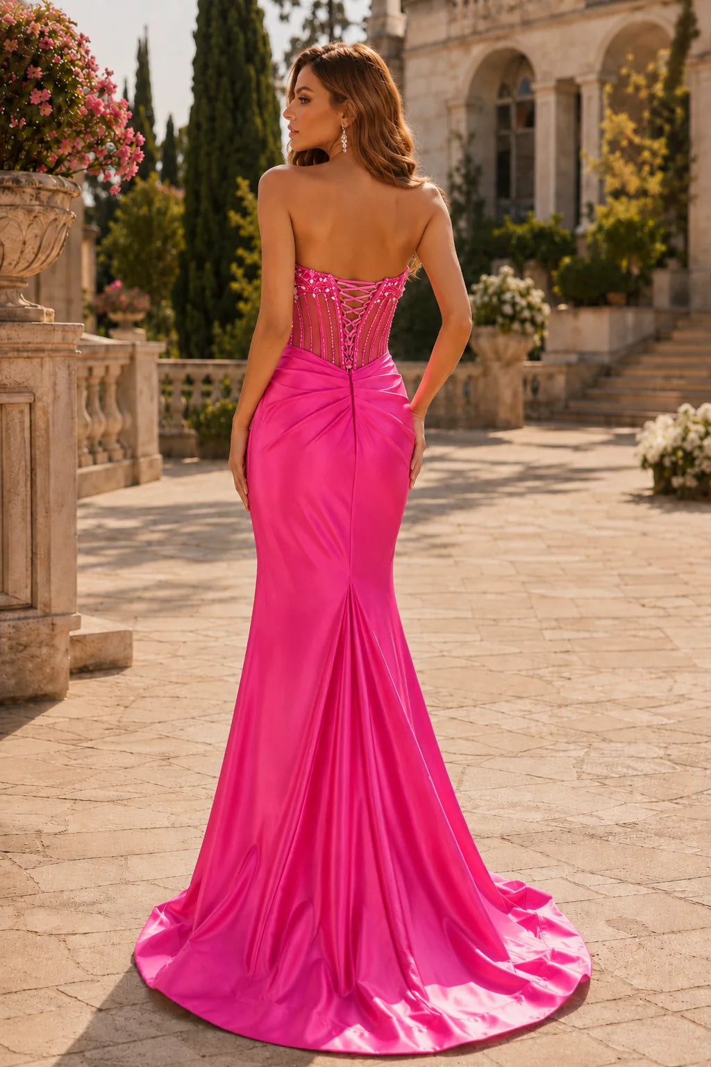 Hot Pink strapless embellished corset prom gown with a slit, back view