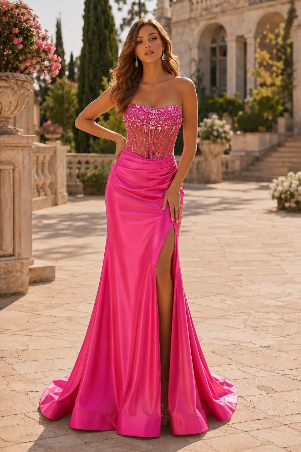 Hot Pink strapless embellished corset prom gown with a slit, front view