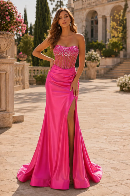 Hot Pink strapless embellished corset prom gown with a slit, front view