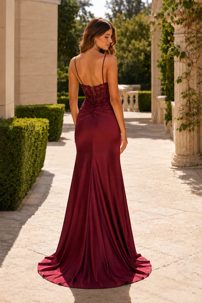 Emerald Green strapless embellished prom gown with a slit, back view