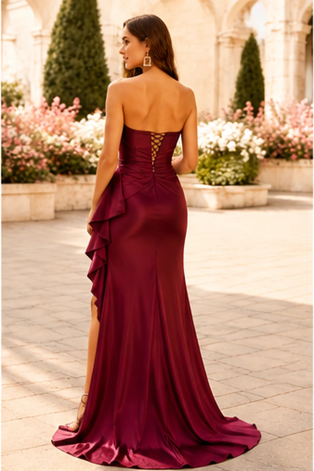 S8887P Strapless Ruched Mermaid Prom Dress with Ruffle Slit in Burgundy - back view