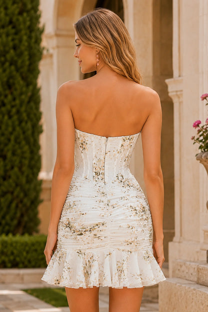 Xenia Pink Floral Strapless Corset Ruffle-Hem Mini Homecoming Dress in Gold Floral - back view