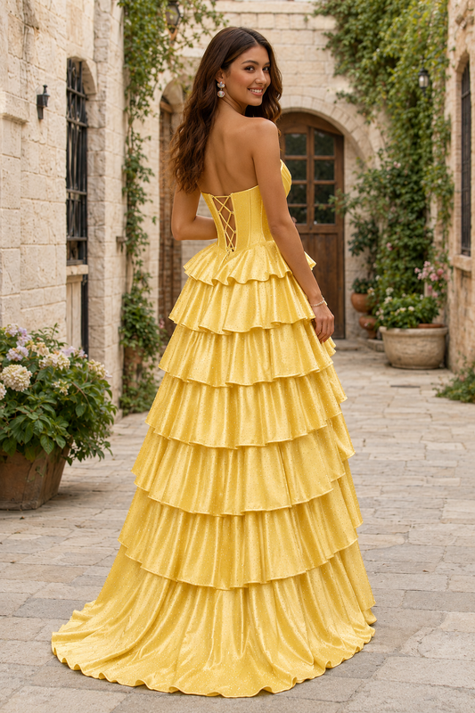 Lysette Layered-Ruffle A-Line Prom Dress in Yellow - back view