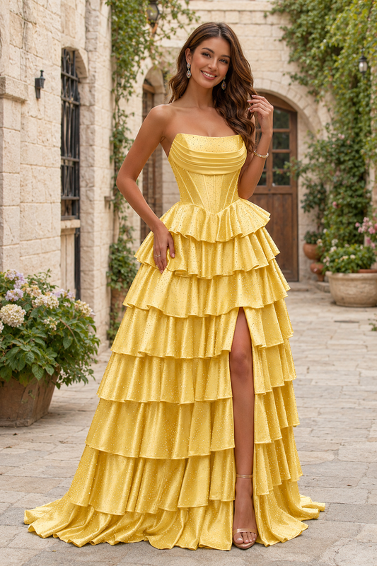Lysette Layered-Ruffle A-Line Prom Dress in Yellow - front view
