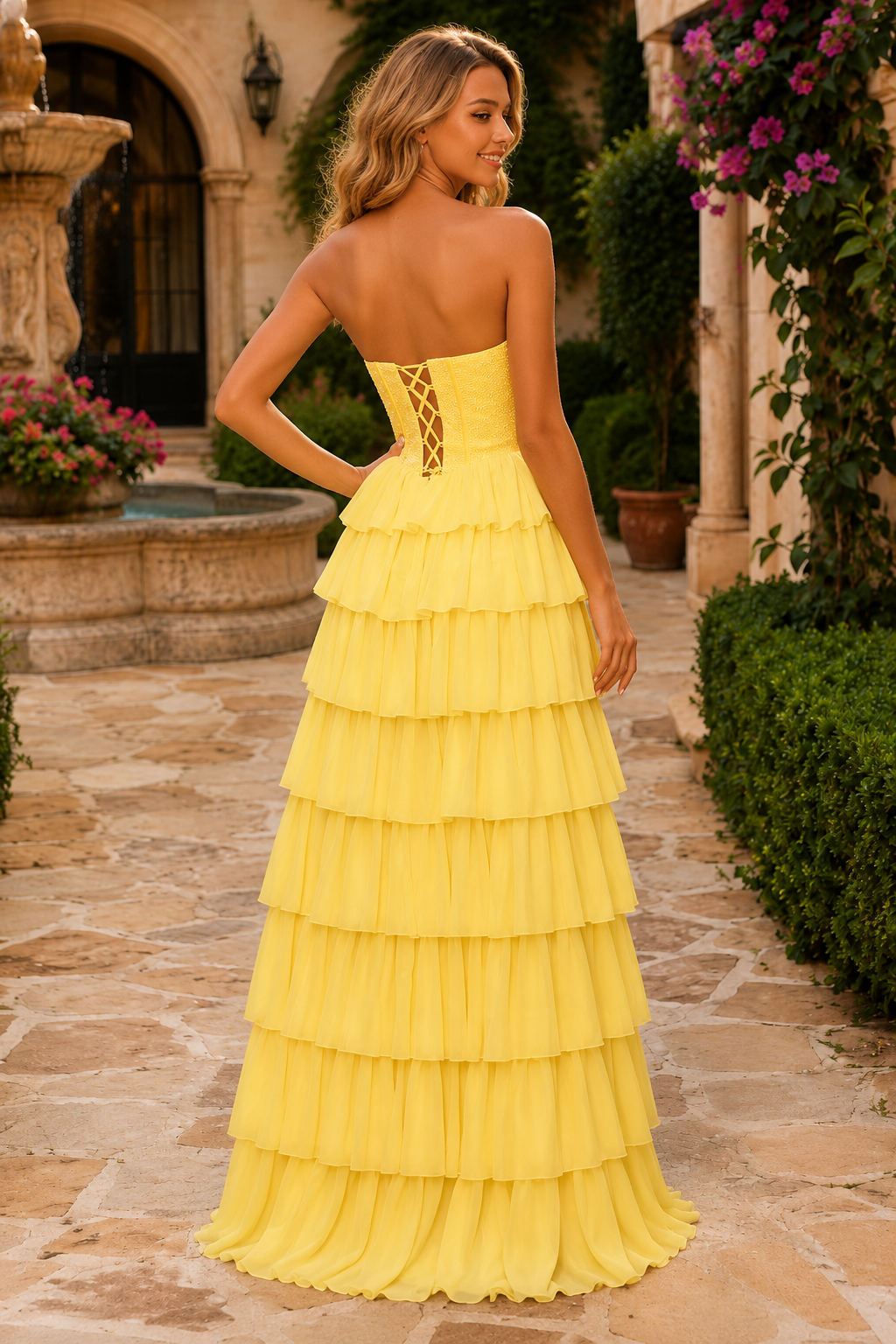 Yellow Strapless Ruffle-Skirt A-Line Prom Dress back view