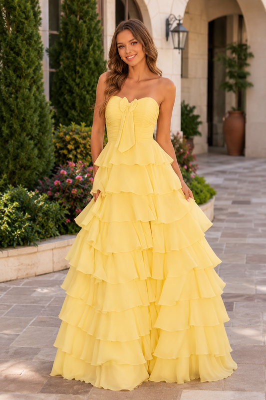 Elomara Sweetheart Tiered A-Line Prom Dress in Yellow - front view